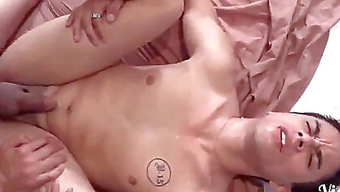 Skinny brunette with a thin body is sucking a big cock