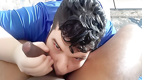 Black guy licks his white cock and then gets fucked