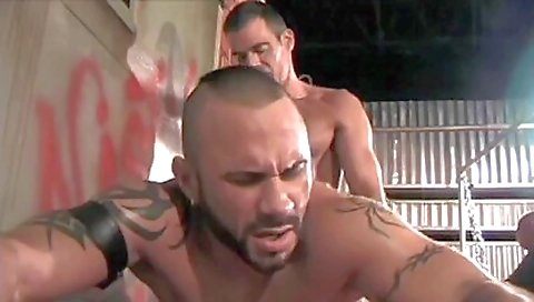 A hot group sex fetish with a leather dude and tattooed dude