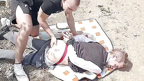 Blonde with a sexy uniform gets fucked by a guy outside