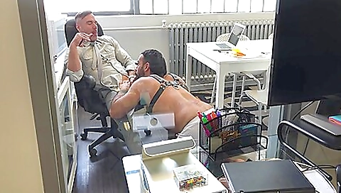 Hot woman is playing with a sex toy and the man is watching