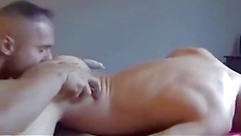 Brunette brunette sucks friend's big cock in the bed